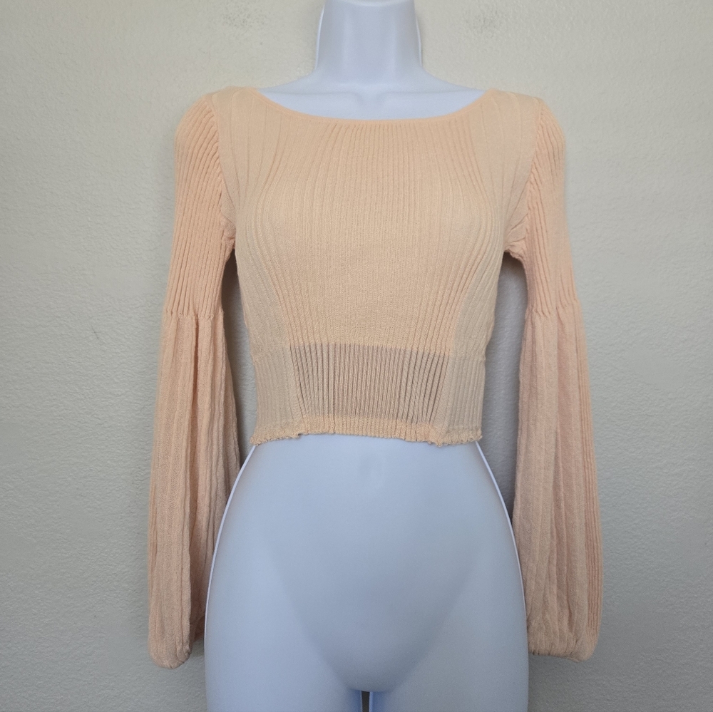 Zara Knit Crop Balloon Sleeve Peach Blouse Top Size Medium
